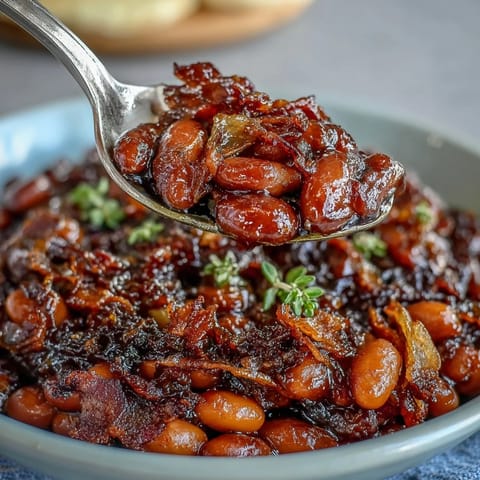 Juneteenth BBQ Baked Beans with bacon, a smoky-sweet, hearty side dish delight.