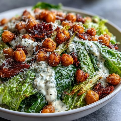 Roasted chickpea croutons top this vibrant vegan Caesar salad, ready to enjoy.