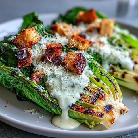 Delicious grilled Caesar salad with smoky charred romaine, creamy dressing, and crunchy croutons.