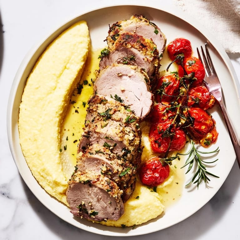 Savory Herb-Crusted Pork Tenderloin – tender, succulent, perfect paired with polenta.