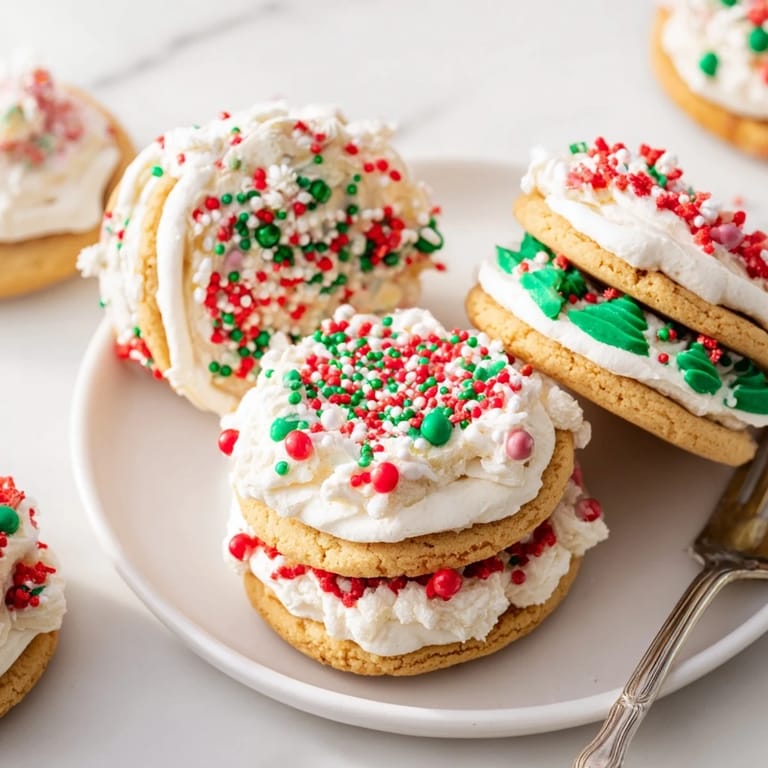 Colorful holiday sprinkle-topped cookie sandwiches with creamy filling for festive joy.