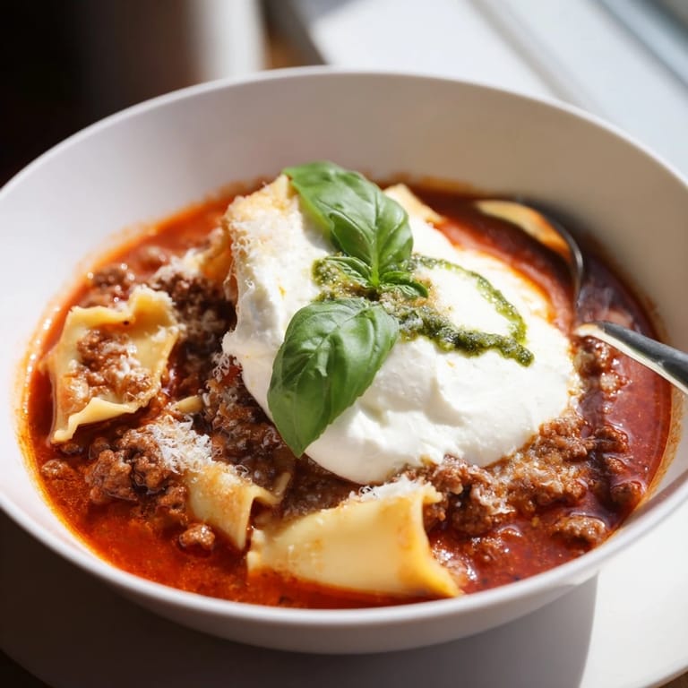 Warm Lasagne Soup with Pesto Drizzle, featuring tender pasta and a delicious tomato broth.