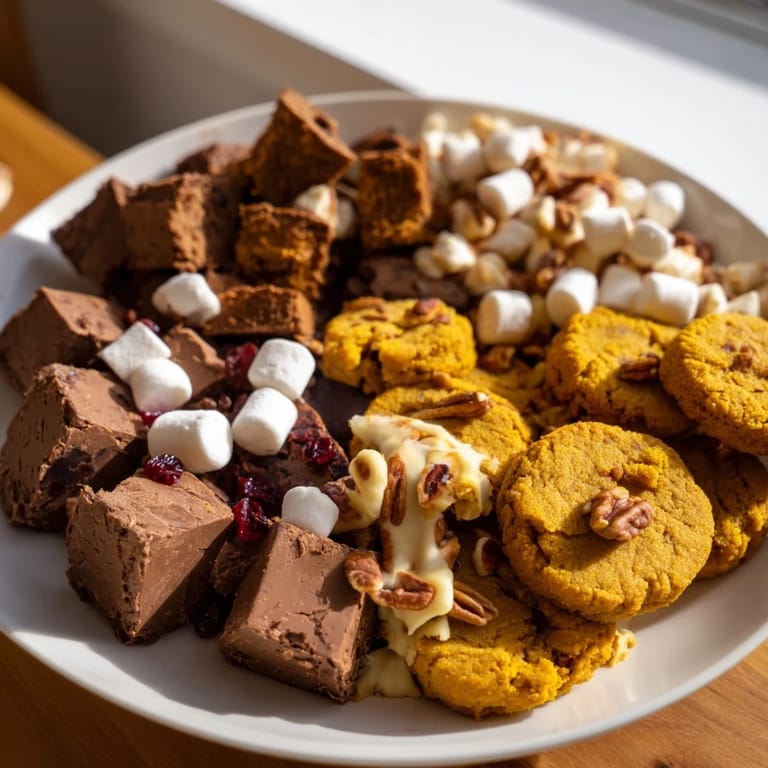 Savory pumpkin spice cookies and fudge squares create a delightful Thanksgiving dessert platter.