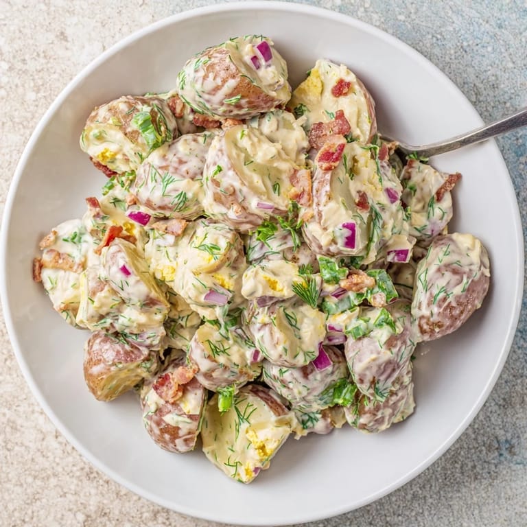 Zesty ranch potato salad prepared with tender potatoes and crunchy peppers.