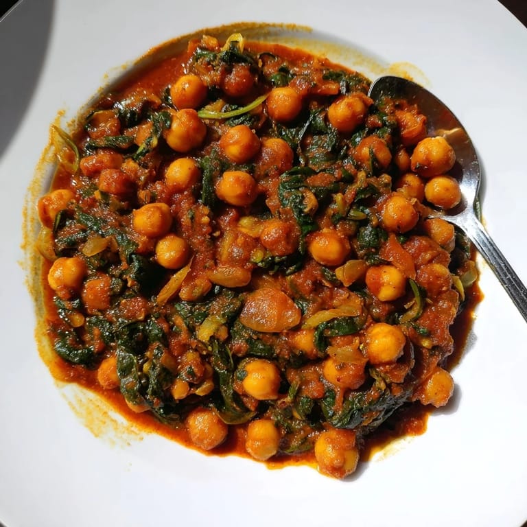 Vibrant chickpea and spinach curry showcasing warming spices and fresh ingredients, deliciously comforting.