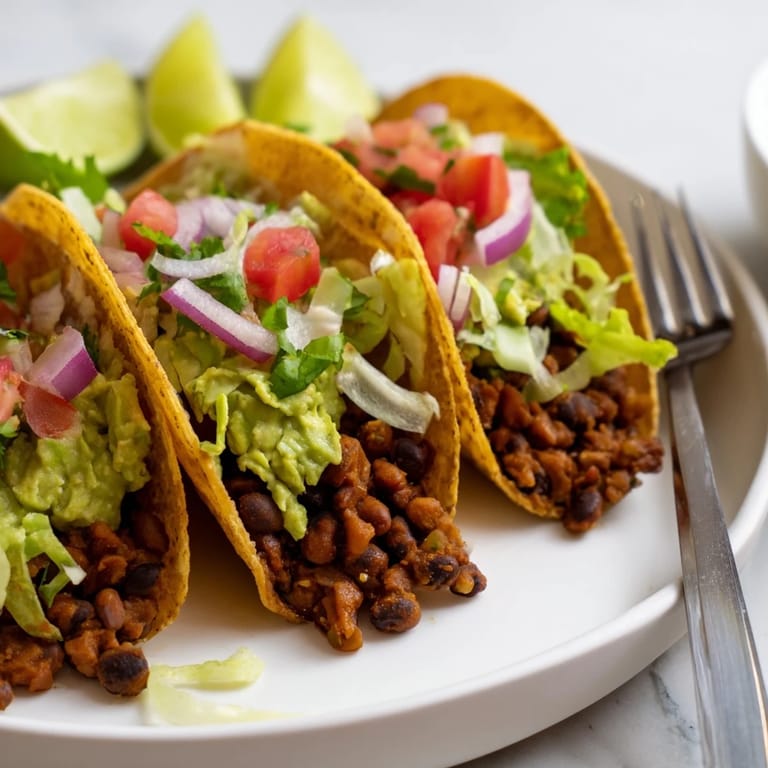 Delicious black bean tacos bursting with spices, fresh toppings, and vibrant colors.  