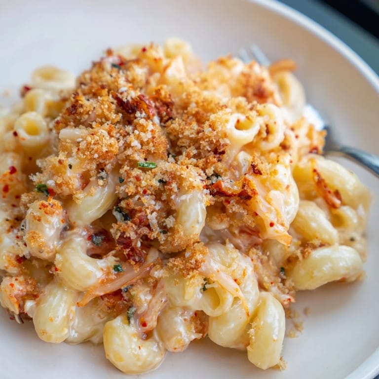 Flavor-packed Spicy Kimchi Mac & Cheese, a fusion treat with a crispy topping.
