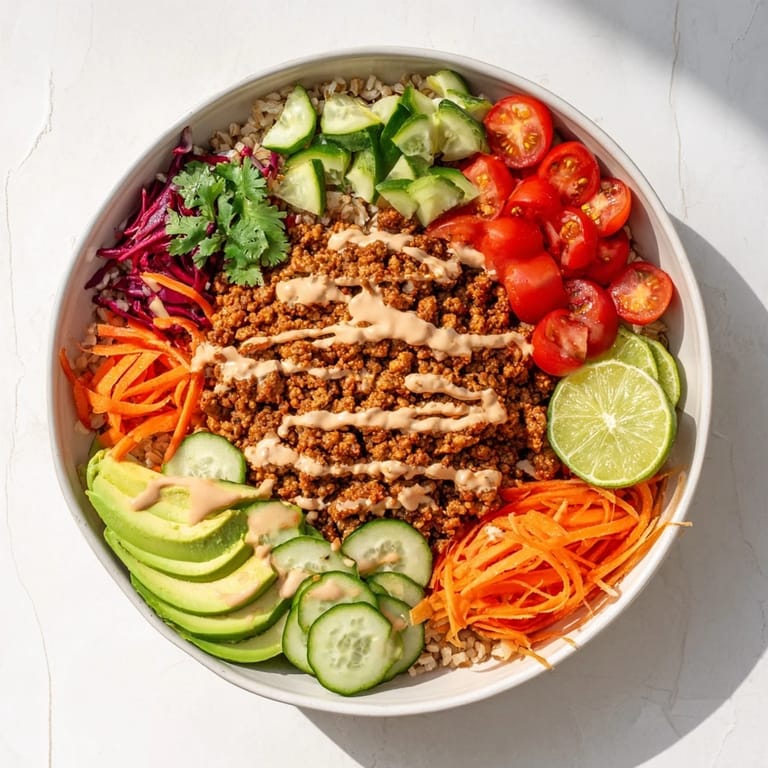 Deliciously seasoned plant-based meat bowl with fresh avocado and spicy mayo drizzle.  