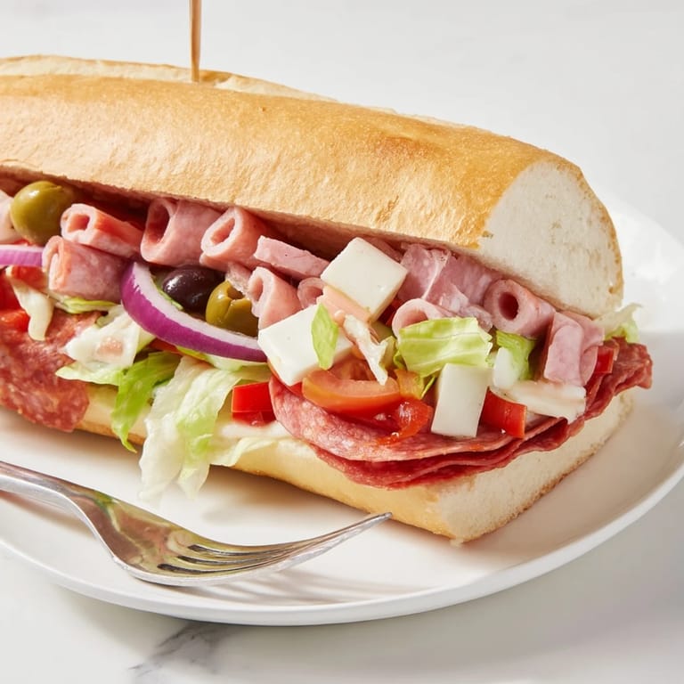 Colorful Flavor Mash-Up Sandwiches stacked high with Italian flavors and creamy dressing.  