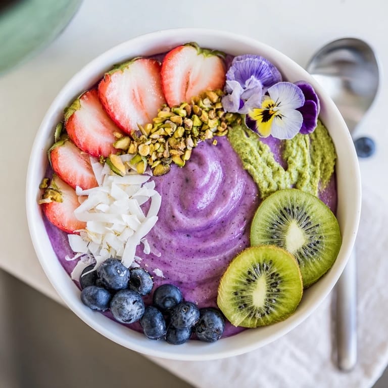 Delightful Vibrant Smoothie Bowls made with purple yam and pistachio paste, beautifully garnished.