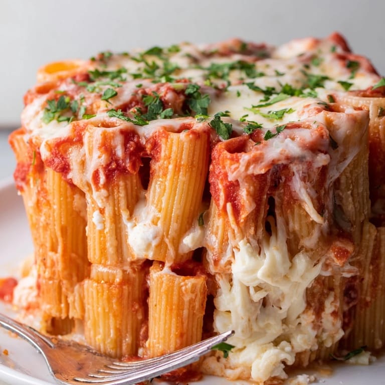 Cheesy Honeycomb Pasta Cake standing tall, drizzled with tangy tomato sauce and herbs.  