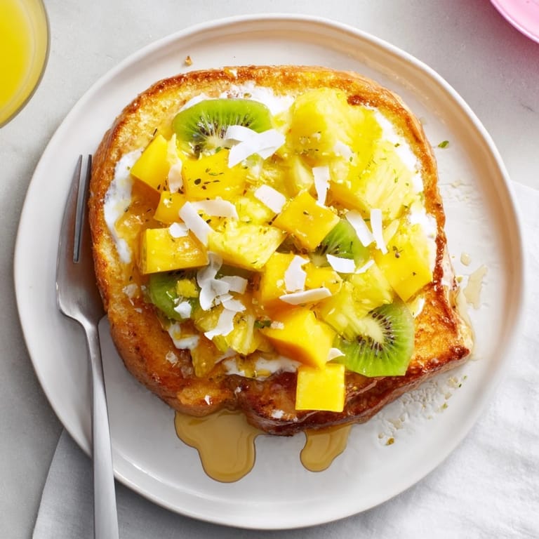 Deliciously rich yogurt-custard toast, perfectly enhanced with fresh fruit toppings.