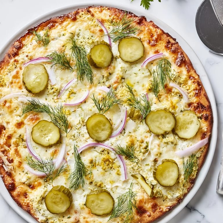 Golden-brown crust holding tangy crème fraîche and sliced pickles for adventurous taste buds.
