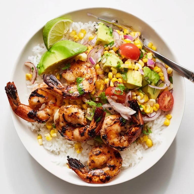 A vibrant Easy Grilled Shrimp Bowl with Avocado Corn Salsa, served over fluffy rice.  
