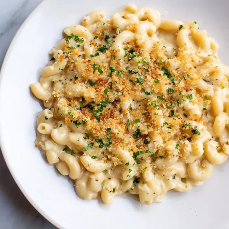 Close-up of rich, cheesy Truffle Macaroni & Cheese, a luxurious twist on a comforting classic.