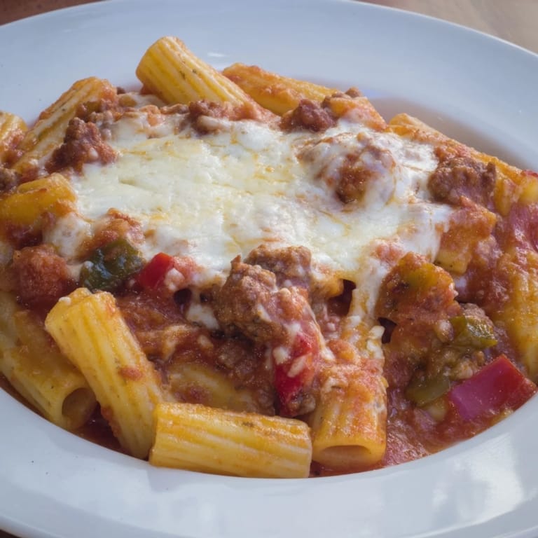 This baked Rigatoni with Sausage & Peppers features rich tomato sauce, visible sausage, and a cheesy top.