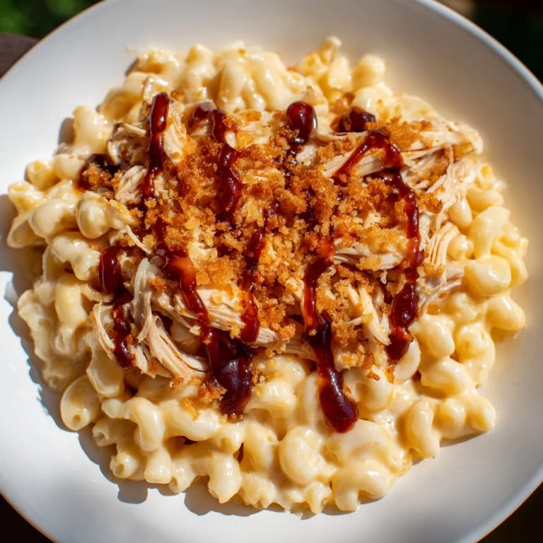 Golden-brown Classic Mac & Cheese with BBQ Chicken, a family favorite with smoky, flavorful toppings.