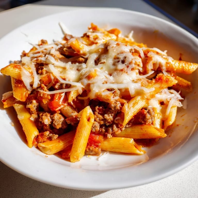 A steaming casserole dish of Cheesy Beef & Penne Bake with melted mozzarella and parmesan cheese.