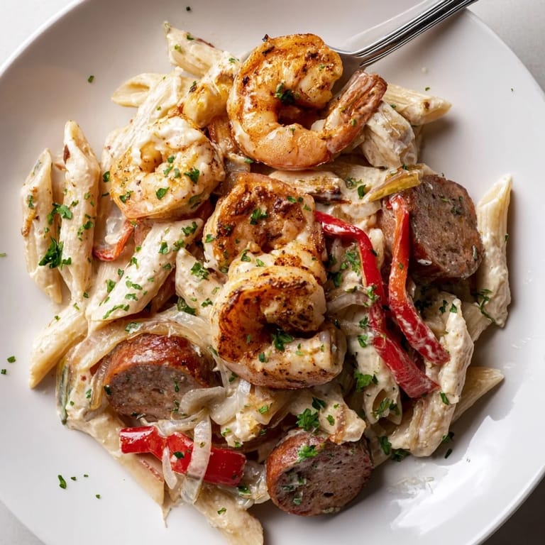 This delicious Cajun Sausage & Shrimp Alfredo Pasta Skillet features perfectly cooked pasta mixed with flavorful ingredients.