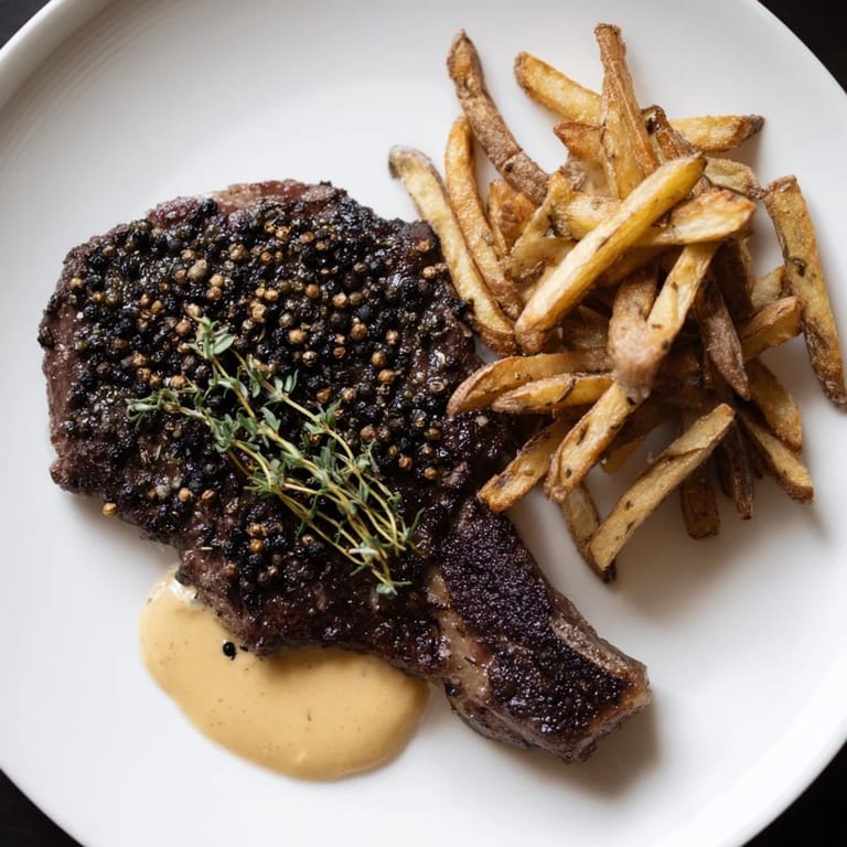 This image shows a perfectly cooked peppercorn ribeye, glistening with butter, beside golden fries.