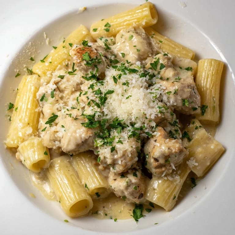 This creamy Garlic Parmesan Chicken Rigatoni presents a flavorful dinner with fresh parsley garnish.