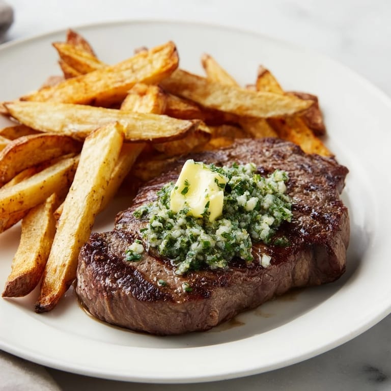 A close-up of a sizzling Steakhouse Garlic Butter Steak, beautifully cooked with garlic herb butter.