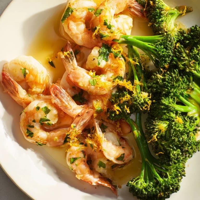 Bright pink shrimp and tender broccoli swimming in lemon-garlic butter sauce, a Lemon Butter Shrimp & Broccoli recipe.