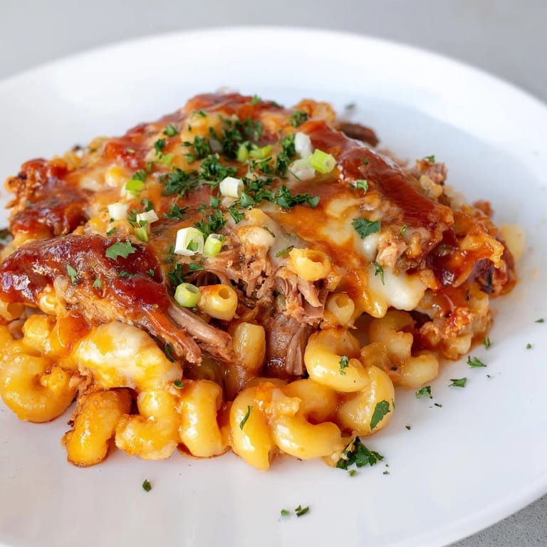 Skillet of creamy BBQ Rib Macaroni, a home-cooked meal with tender ribs, pasta, and savory barbecue sauce.