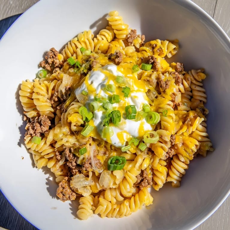 A bubbling Cheesy Taco Pasta Skillet—the savory aroma of ground beef and taco spices fills the air.