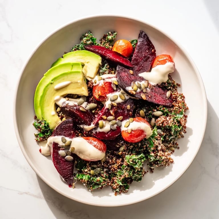 Enjoy a filling Quinoa, Kale & Roasted Beet Bowl with tender beets and toasted pumpkin seeds tonight!