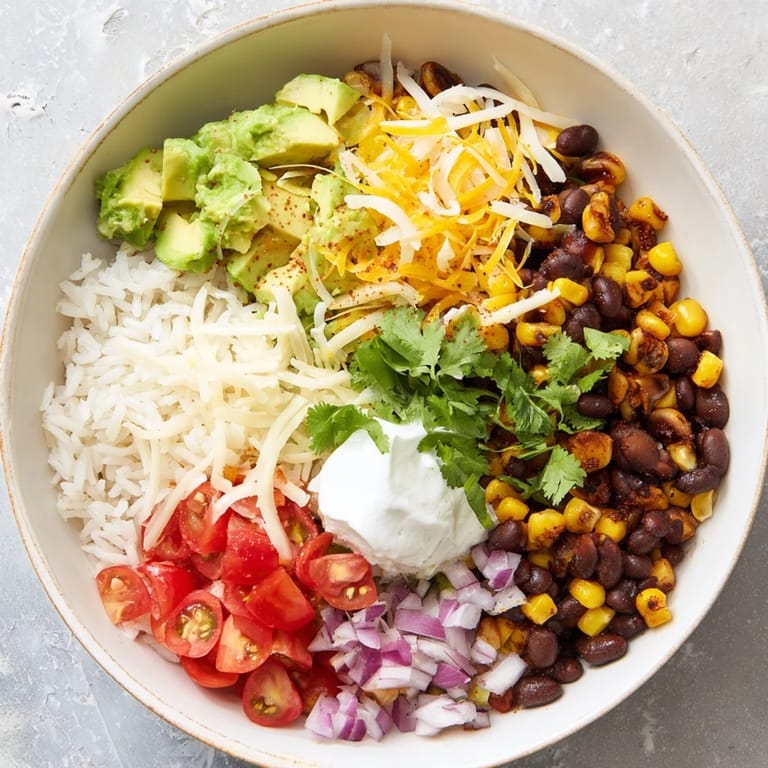 A wholesome Rice, Bean, and Corn Burrito Bowl with a zesty lime wedge—a quick and easy Tex-Mex meal.