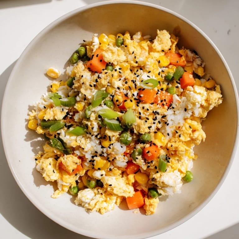 Savory Frozen Veggie Fried Rice with Egg: golden rice, flecks of green onions, and flavorful soy sauce.