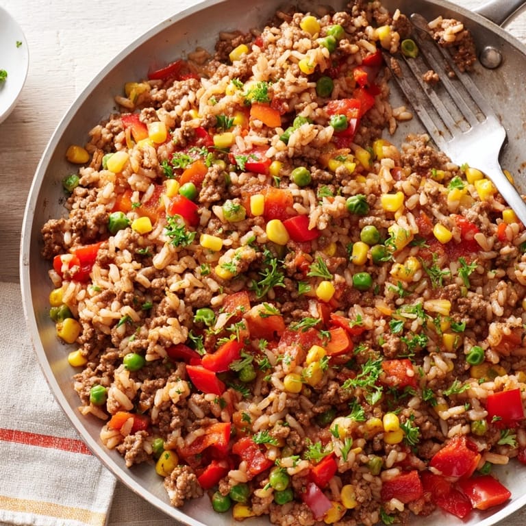 Hearty Ground Beef Skillet with Veggies & Rice, featuring browned meat surrounded by rice and vegetables.