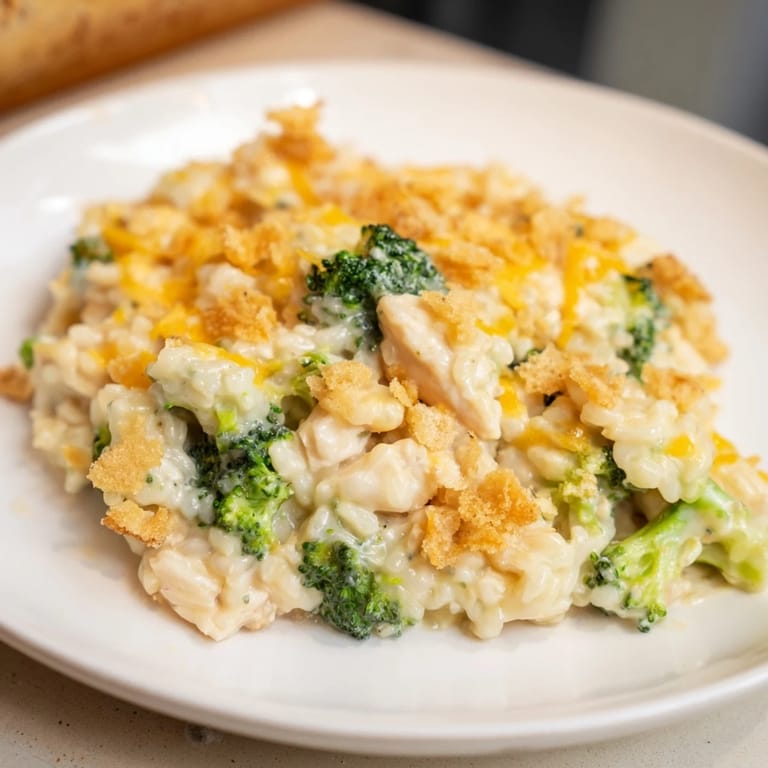 Looking at a baked dish of Chicken & Broccoli Rice Casserole, with golden breadcrumbs and cheese.