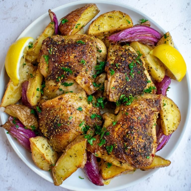 Aromatic Greek Lemon Chicken and Potatoes, with tender chicken and roasted potato wedges, seasoned perfectly.