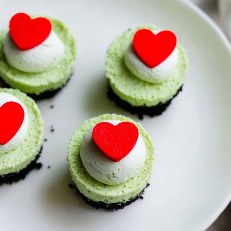 Freshly baked Grinch mini cheesecakes boast a vibrant green filling and a crunchy Oreo cookie crust.