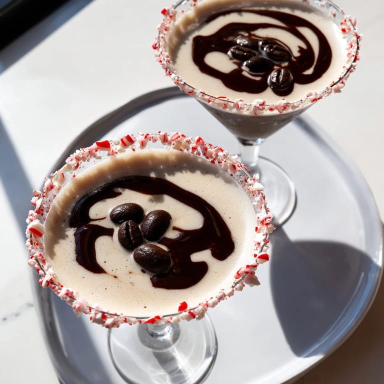 Chilled Peppermint Espresso Martinis in elegant, rimmed glasses, a festive cocktail to enjoy.