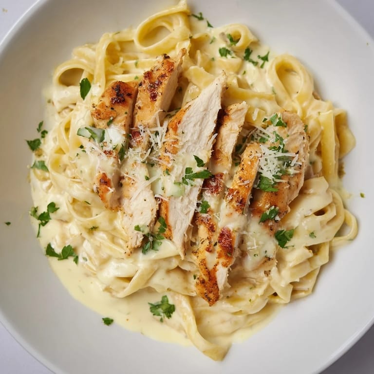 A steaming bowl of Cajun Chicken Alfredo Fettuccine: Tender chicken, creamy sauce, and parsley garnish, a perfect comfort meal.