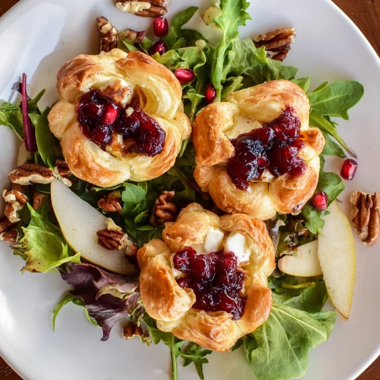 Festive cranberry and brie flower bites, served with a vibrant salad, perfect for a light, elegant meal.