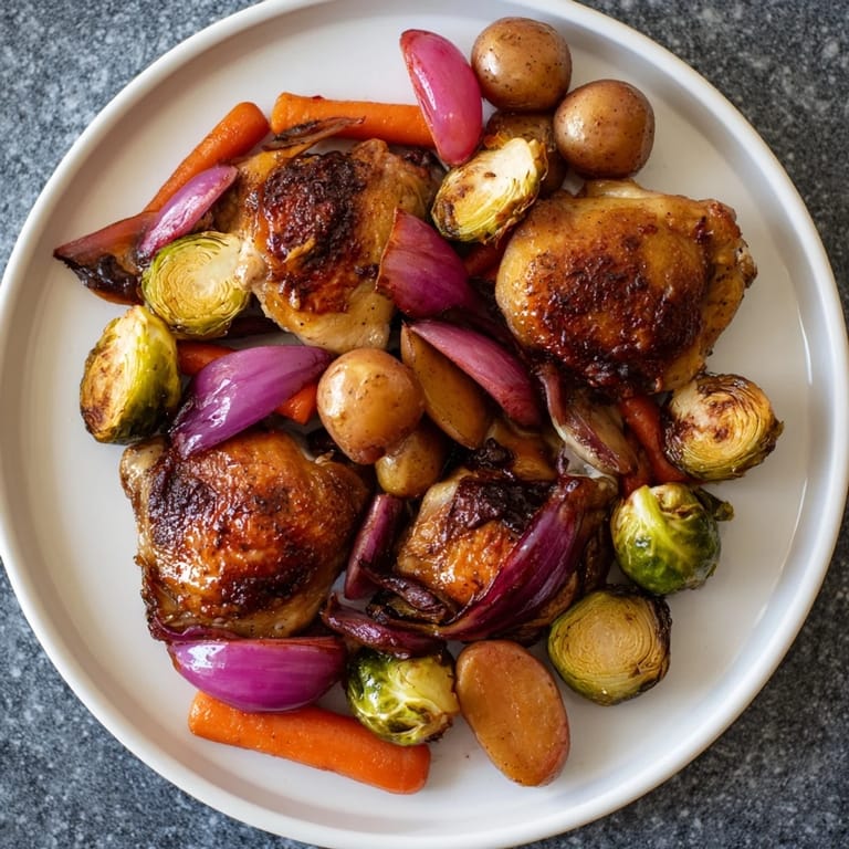 Juicy chicken thighs and colorful vegetables on a sheet pan, drizzled with sweet-tart cranberry vinaigrette.