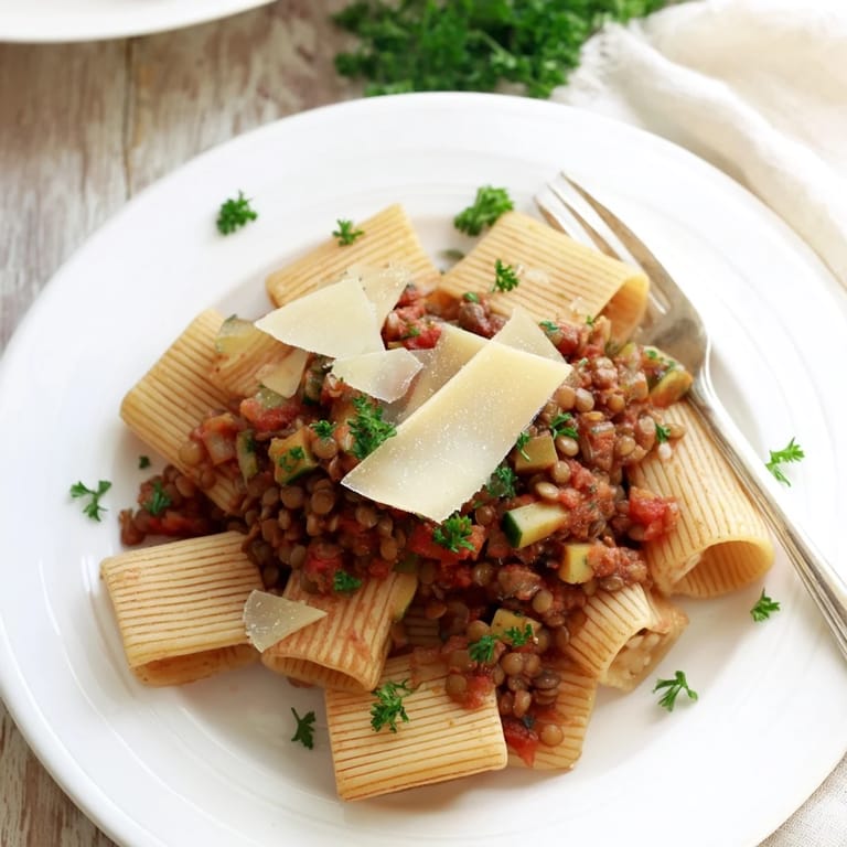 Rich, dark sauce coats whole wheat pasta in this comforting High-Fiber Lentil Bolognese with festive toppings.