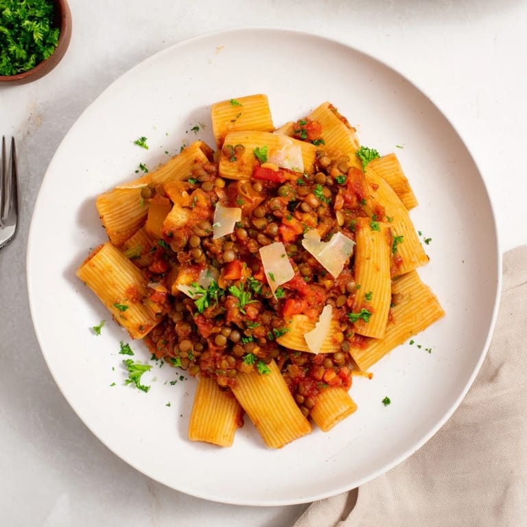 Enjoy a healthy serving of High-Fiber Lentil Bolognese, bubbling and fragrant, perfect for a cozy Christmas dinner.