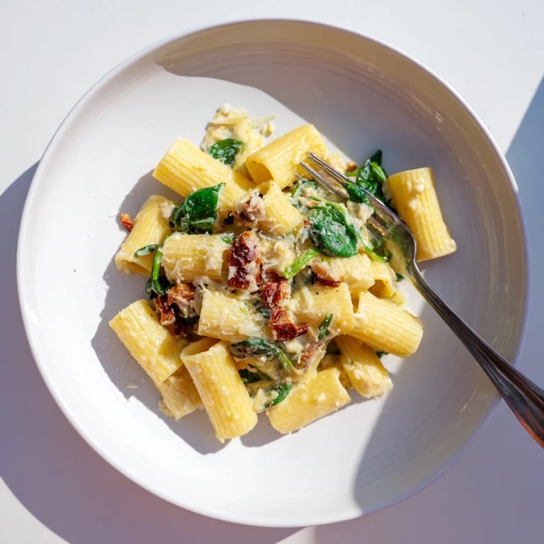 This satisfying dish of Creamy Sun-Dried Tomato Spinach Cottage Cheese Pasta is bursting with savory flavors, ready to eat.