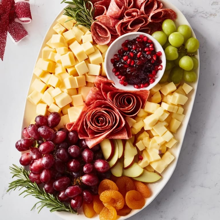 Vibrant Holiday Bow Appetizer Platter with an assortment of cheeses, meats, fruits, and nuts served for guests.
