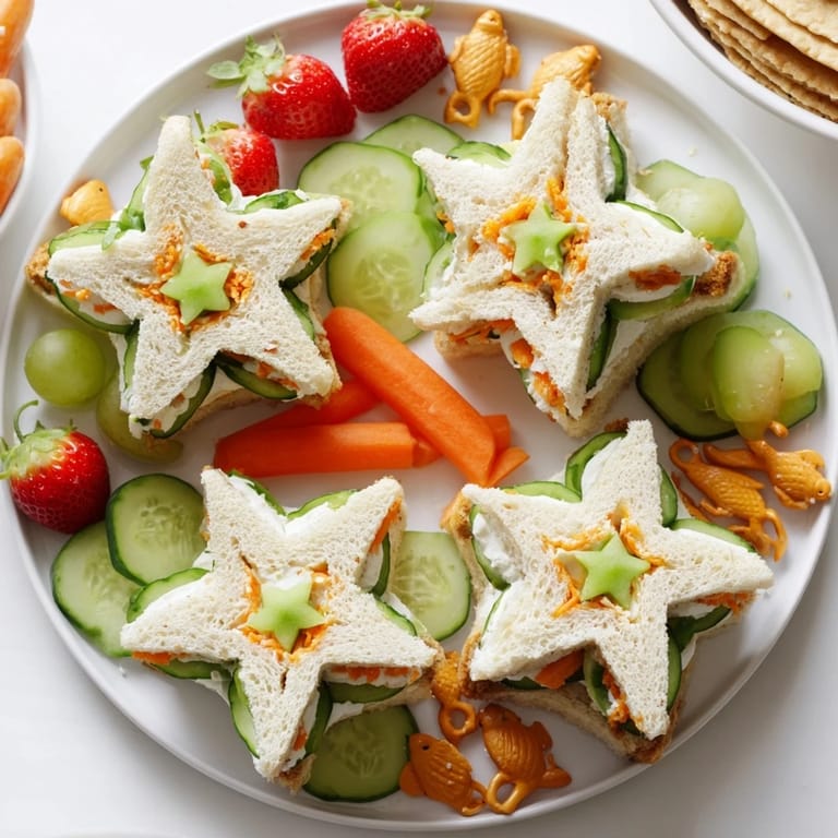 Vibrant Beach Day Starfish Snack Spread picture showcasing sandwiches, fruits, and crackers for a fun kids' party.