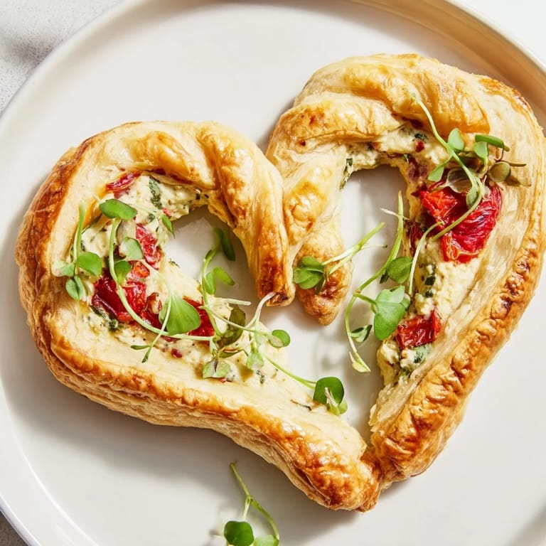 Delicately arranged Cœurs Entrelacés, buttery puff pastry hearts with a savory cheese filling, perfect for sharing.