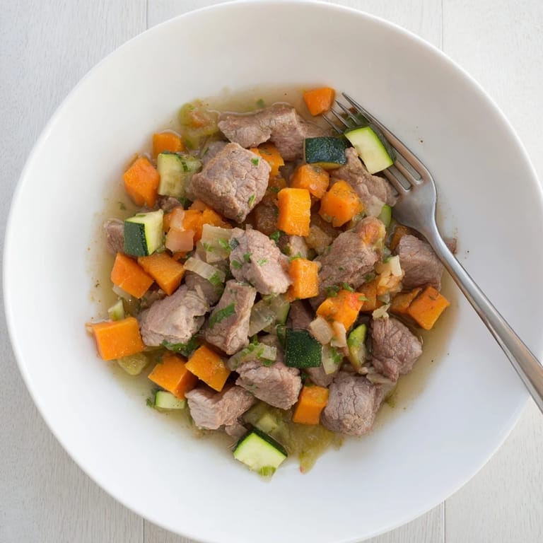 A comforting Sweet Lamb Platter for Baby, picturing soft lamb cubes with bright vegetable pieces.