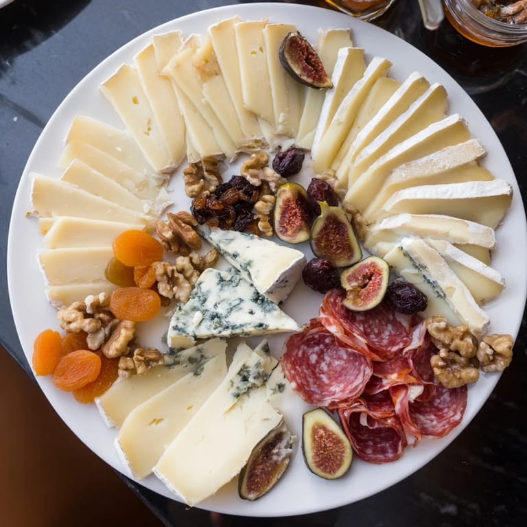 Beautifully arranged Plateau des Rois Mages Gourmand appetizer: creamy cheeses, cured meats, and sweet treats.