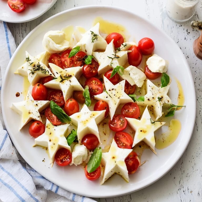Perfect for parties: these easy Caprese skewers feature star-shaped mozzarella, basil, and a balsamic drizzle.