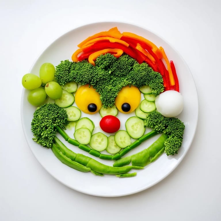 Christmas-themed Savory Crudités: this healthy Grinch face platter features fresh veggies, perfect for holiday snacking.